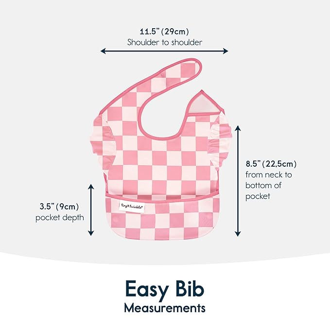 Tiny Twinkle Mess Proof Baby Bibs for Eating - Waterproof, Wipeable Bibs - Toddler Bibs - Travel Friendly - PFAS, PVC, BPA, Phthalate Free - Baby Food Bibs(3 Pack,Checkers Girl)