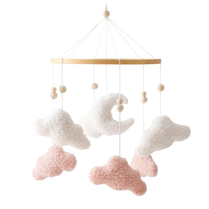 EERKEOD Baby Crib Mobile Bunny Nursery Mobile for Boys Girls Teddy Velvet Mobile Nursery Decor for Infant Bedroom Hanging Baby Mobile for Bassinet Newborn Baby Gift（Pink Clouds）