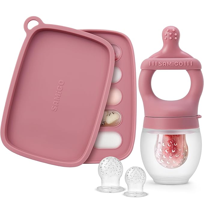 SAMiGO Baby Food Fruit Feeder and Breastmilk Popsicle Mold Set, Silicone Fruit Teether, Food Feeder Pacifier for Teething Relief, Freezer Tray, Baby Feeding Essentials, 4 Months+