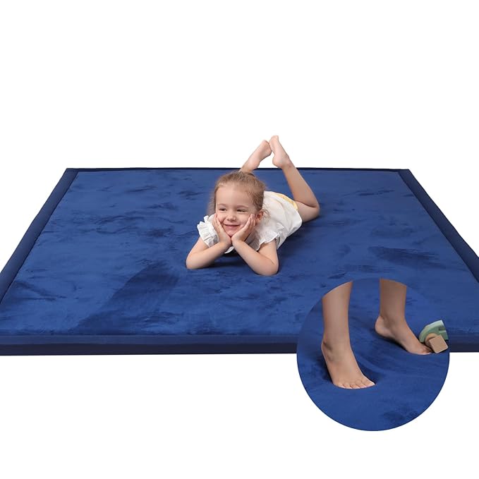 Baby Play Mat for Floor,1.3" Thick Memory foam Tummy Time Mat,Soft Coral Velvet Nursery Rug,Extra Large Non Slip Crawling Mat for Toddlers,Infants,kids,Yoga Mat,Tatami Mat for Living Room(Royal Blue)