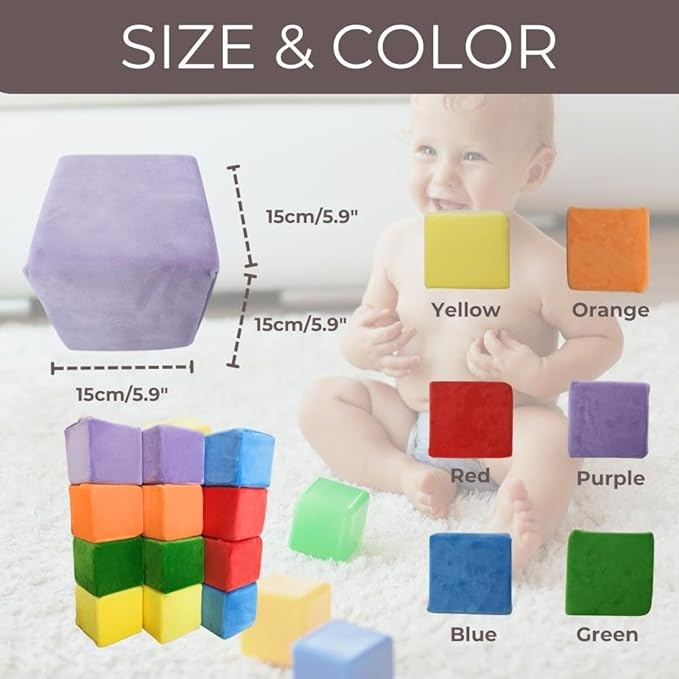 Wonder Space Plush Foam Blocks - Nursery Building & Stacking Toys for Toddlers Boys & Girls, Soft Smooth Velvet Cover, Early Education Gross Motor Skills & Brain Development (12 Cubes, Classic)