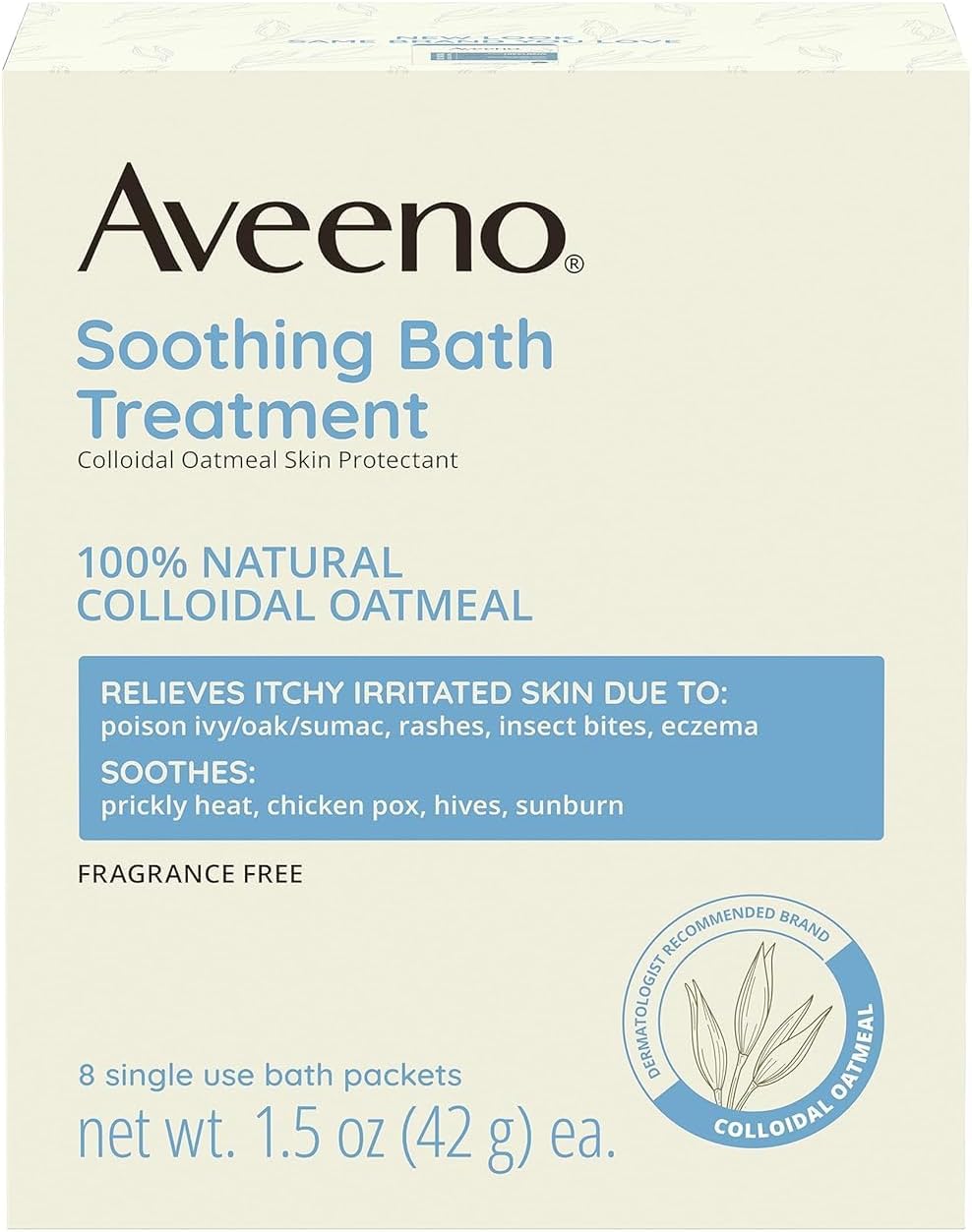 Aveeno Fragrance Free Soothing Bath Treatment, 100% Natural Colloidal Oatmeal, Sensitive Skin Bath Soak for Relief of Dry, Itchy, Irritated Skin Due to Eczema & Hives, Bath Packets, 8 ct. (Pack of 2)