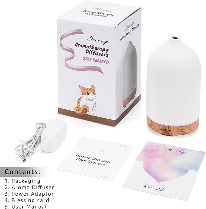 200ML Ceramic Essential Oil Diffuser - Ultrasonic Aromatherapy & Humidifier with 7-Color LED Lights, Auto Shut-Off, Wood Grain Base, 1H/3H/6H Timer | Scent for Home, Office, Yoga