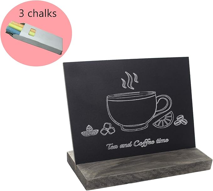 5 X 6 Inch Mini Tabletop Chalkboard Signs with Rustic Style Wood Base Stands, Set of 4，Include 3 chalks