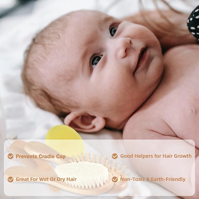 Baby Hair Brush and Comb Set (4-Piece) for Newborn - Wooden Baby Hairbrush Set，A Beechwood Brush, Baby Airbag Brush, Beech Handle Brush, and Prevent Cradle Cap Silicone Brush - Ideal Registry Gift