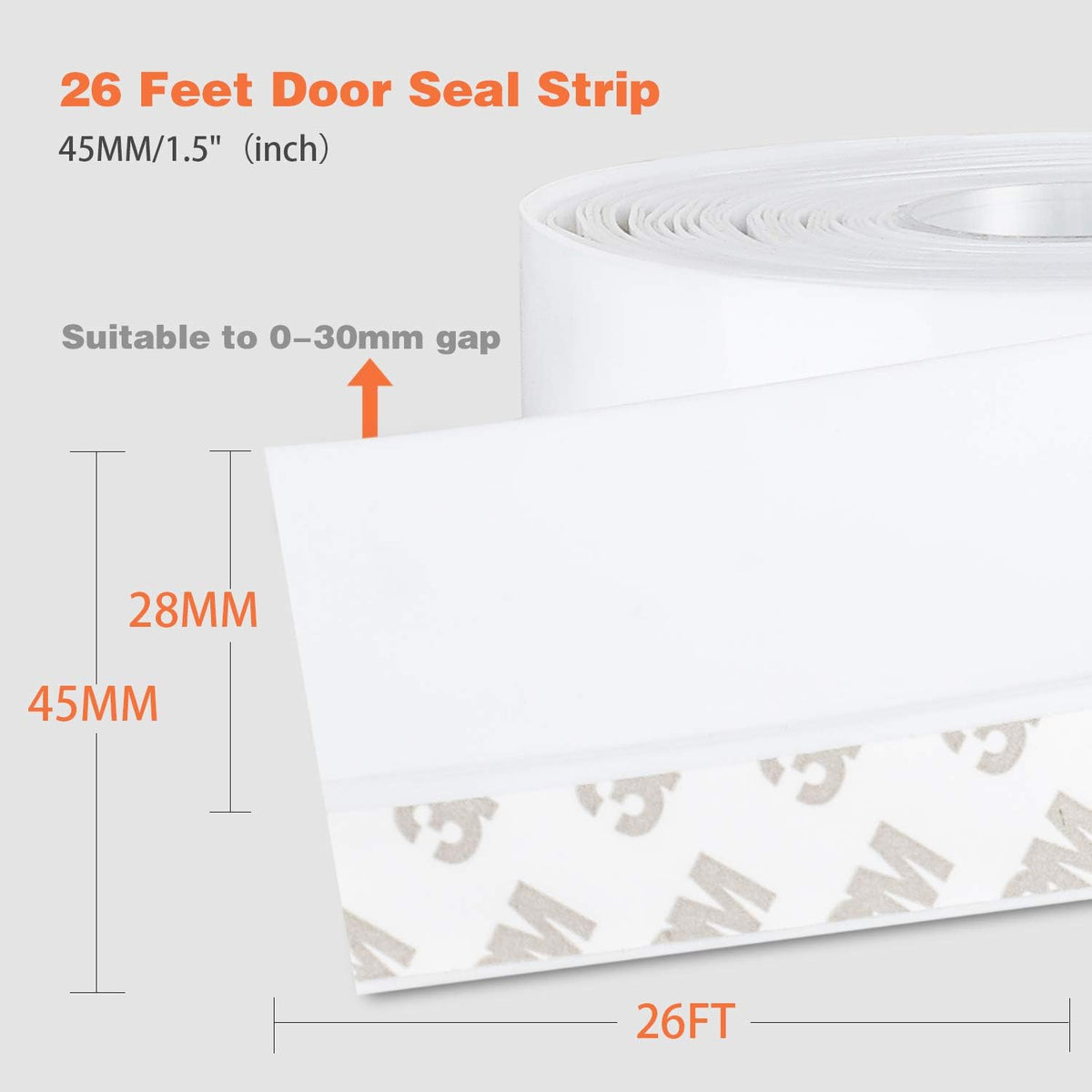 26 Feet Silicone Seal Strip, Weather Stripping Seal Tape for Door, Window & Shower Glass Gaps (White, 45MM)