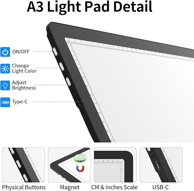 TOHETO Rechargeable A3 Light Board with Stand, Super Bright Magnetic Light Pad with Side Buttons, Wireless Light Box for Tracing and Drawing, Cordless LED Light Table for Diamond Painting, Sketching