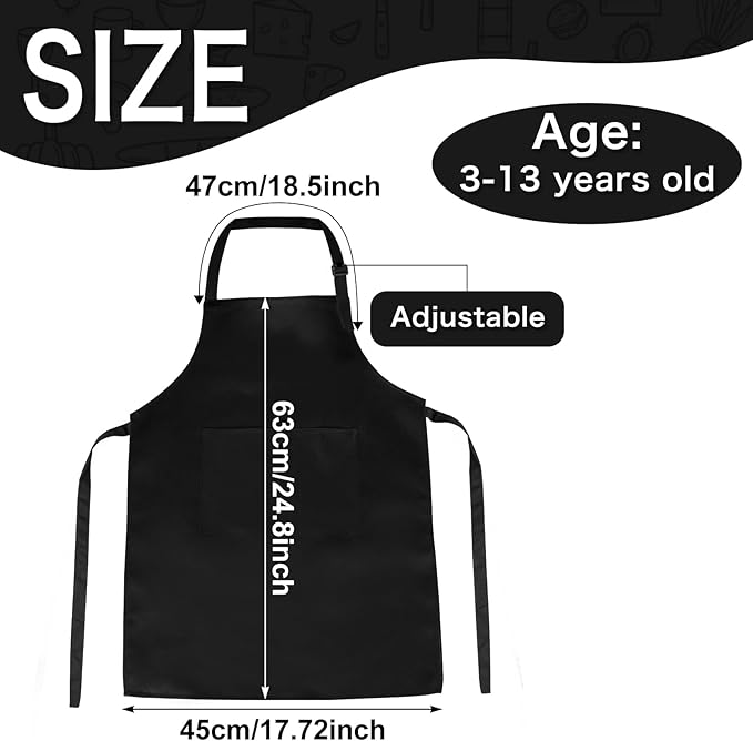 PLULON 6 Pcs Kids Apron with Pocket Adjustable Kids Chef Apron Set for Painting Cooking Baking Grilling Crafting (Black)