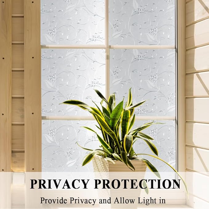 Mikomer Privacy Window Film Etched Flowers Static Cling Glass Door Film, Non Adhesive Heat Control Anti UV Window Cling for Office and Home Decoration,23.6 inches by 118 inches