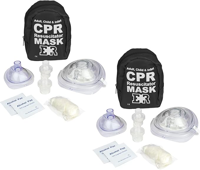 Ever Ready First Aid Adult and Infant CPR Mask Combo Kit with 2 Valves with Pair of Vinyl Gloves & 2 Alcohol Prep Pads - Tactical Black - 2 Count