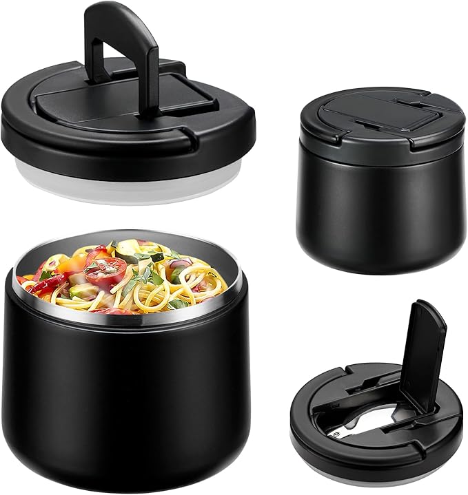 Soup Thermo for Hot Food 14oz Lunch Containers with Buckle Lid Wide Mouth Hot Food Jar Vacuum Insulated Stainless Steel Bento Box Leakproof with Spoon(Black)