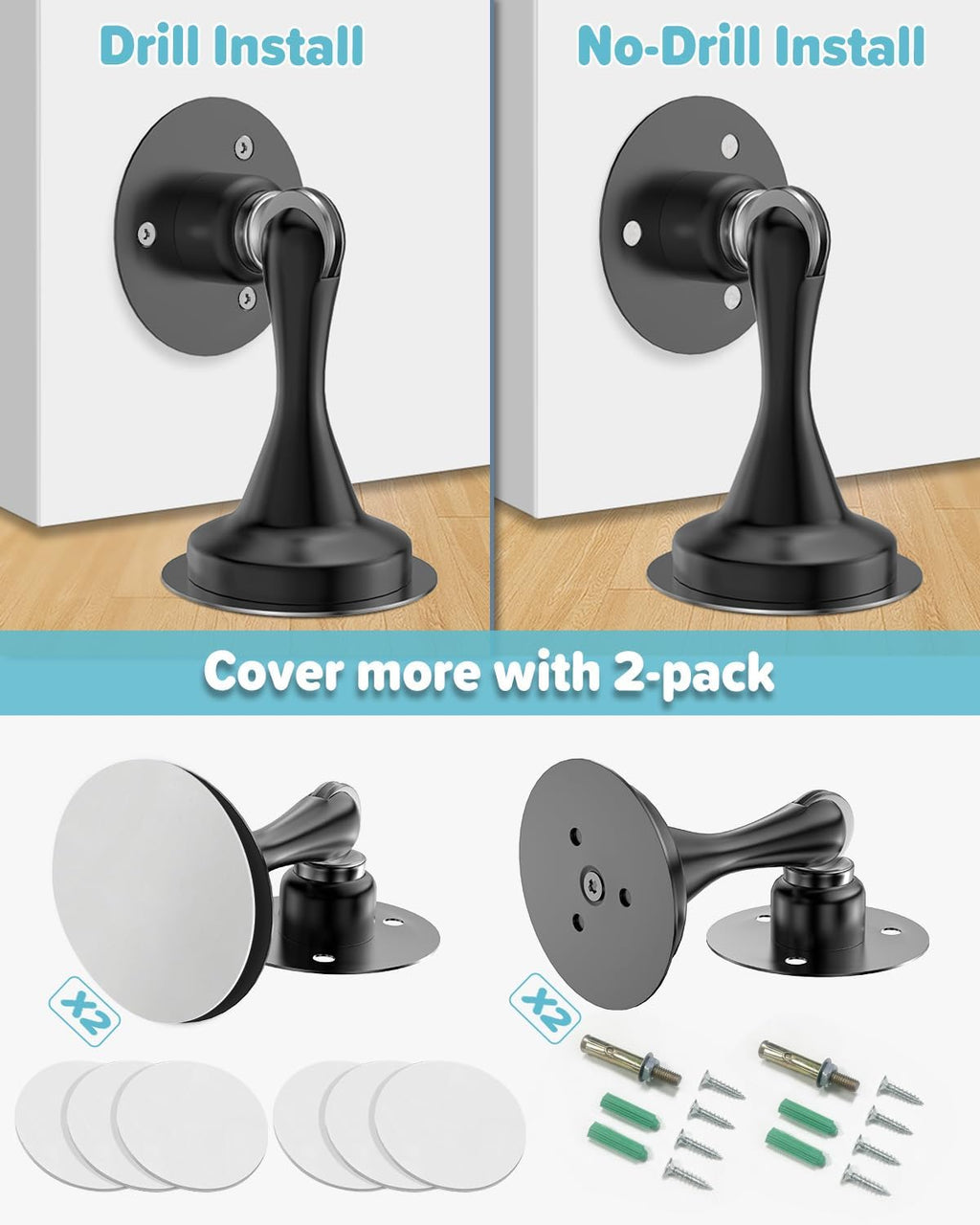 Door Stoppers Magnetic Door Catch - 2 Pack Stainless Steel Heavy Duty Door Stops for Bottom of Door, Wall & Floor Mounting No-Drill Strong Adhesive & Screws, Strong Door Holder to Keep Door Open