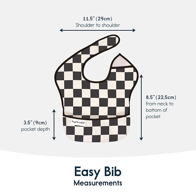 Tiny Twinkle Mess-Proof Baby Bib - Waterproof Bib for Baby Boy or Girl - Machine Washable - Adjustable Closure - PVC, BPA, & Phthalate Free - Great for Travel - Baby Food Bibs (3 Pack, Checkers Boy)