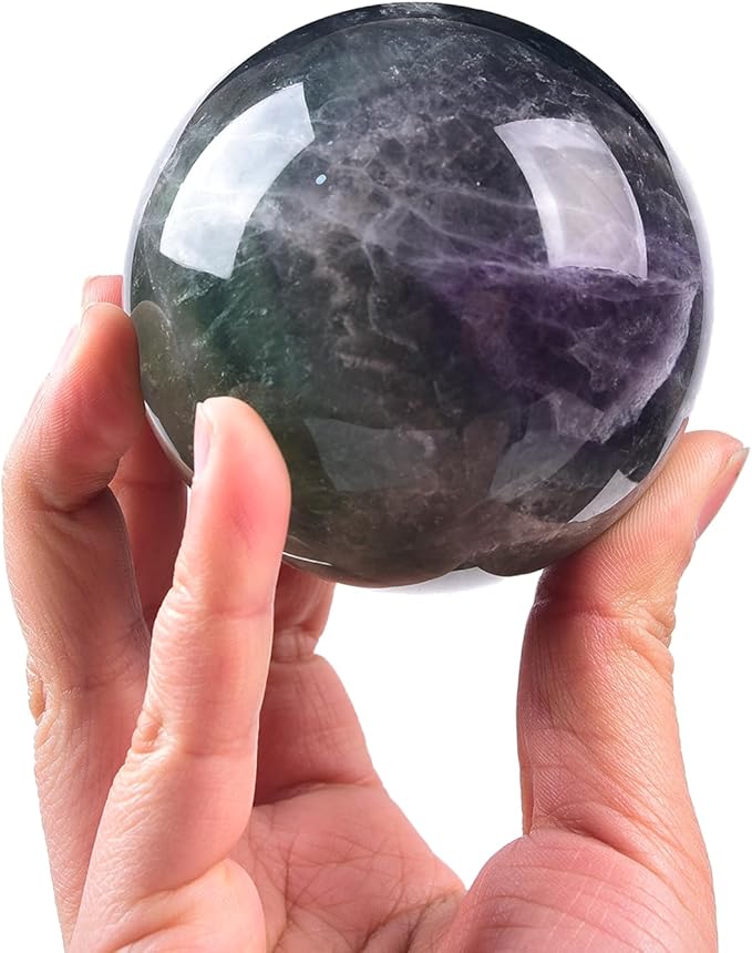 JIC Gem Colorful Fluorite Crystal Ball with Wooden Stand Healing Crystal Sphere Ball for Feng Shui Decor Spiritual Gifts 70-80mm