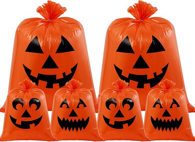 JOYIN 6 Pcs Halloween Pumpkin Leaf Bags, Plastic Lawn Bags for Yard Fall Leaf Halloween Decorations, Jack o' Lantern Reusable Trash Bag for Decor Party Favors, Party Supplies