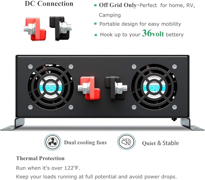 WZRELB 3000W 36VDC 120VAC Pure Sine Wave Power Inverter with 2 AC Outlets Wired Remote Control Car Inverter