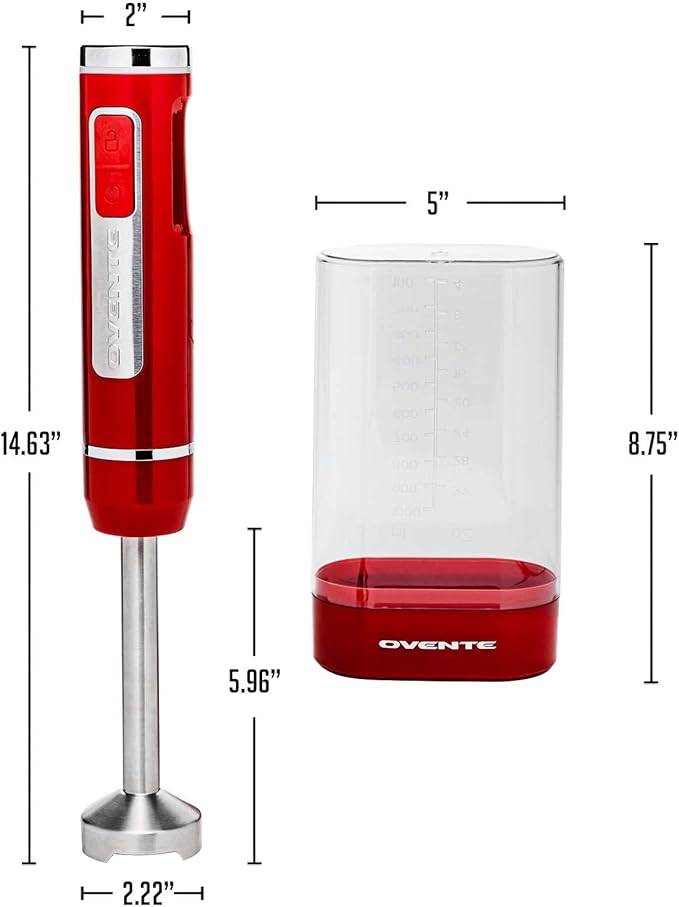 OVENTE Cordless Immersion Hand Blender, Rechargeable Handheld Portable Stick Mixer with 8 Mixing Speed Option, One-Touch Control and Stainless Steel Blades for Smoothies, Shakes or Soups, Red HR781R