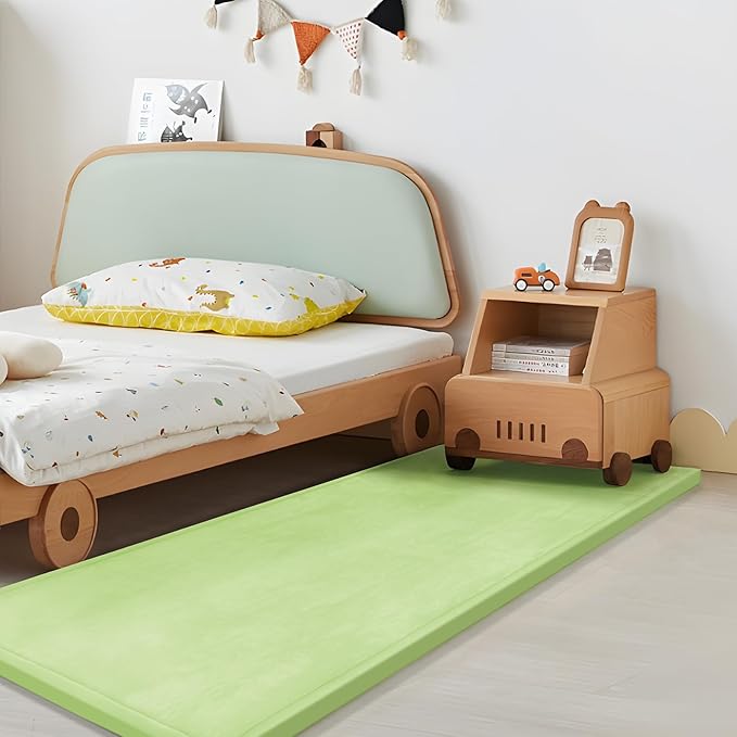 Play Mat for Babies Toddlers,1.3" Thick Elasti-Foam Anti-Fall Cushion Mat for Kids Room,28×72 Bedroom Bedside Rugs,Water-Repellent Soft Coral Velvet(Light Green)