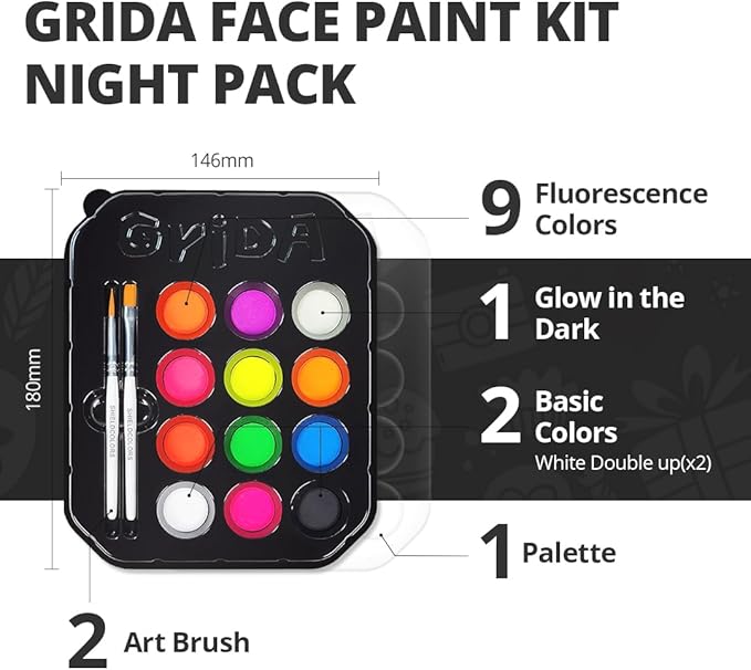 Grida Face Painting Kit for Kids - Grida Professional Party Kit Night Pack with 12 Skin-Safe, Vegan, Cruelty-Free, 2 Art Brushes, 1 Palette - Easy-Remove Face Paint & Glow in Dark Effect