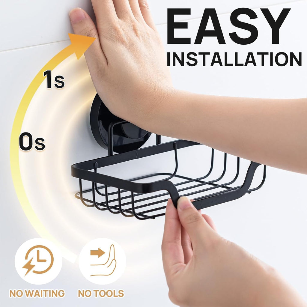 LEVERLOC Soap Dish, Soap Bar Holder for Shower Suction Cup Wall Mounted, Stainless Steel No-Drilling Removable Waterproof Sponge Holder for Bathroom Bathtub Kitchen Sink, Keep Dry, Black