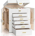 AKOZLIN Functional 6-Tier Jewelry Box Organizer with 5 Drawers Leather Jewelry Storage Case for Women Girls Ring Necklace Earring Bracelet Holder Organizer with Mirror White