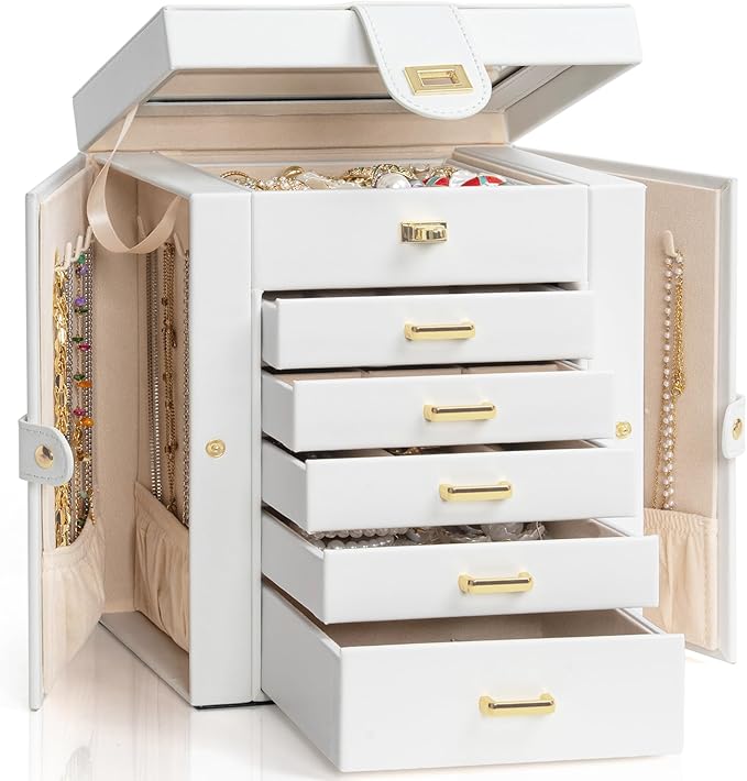 AKOZLIN Functional 6-Tier Jewelry Box Organizer with 5 Drawers Leather Jewelry Storage Case for Women Girls Ring Necklace Earring Bracelet Holder Organizer with Mirror White