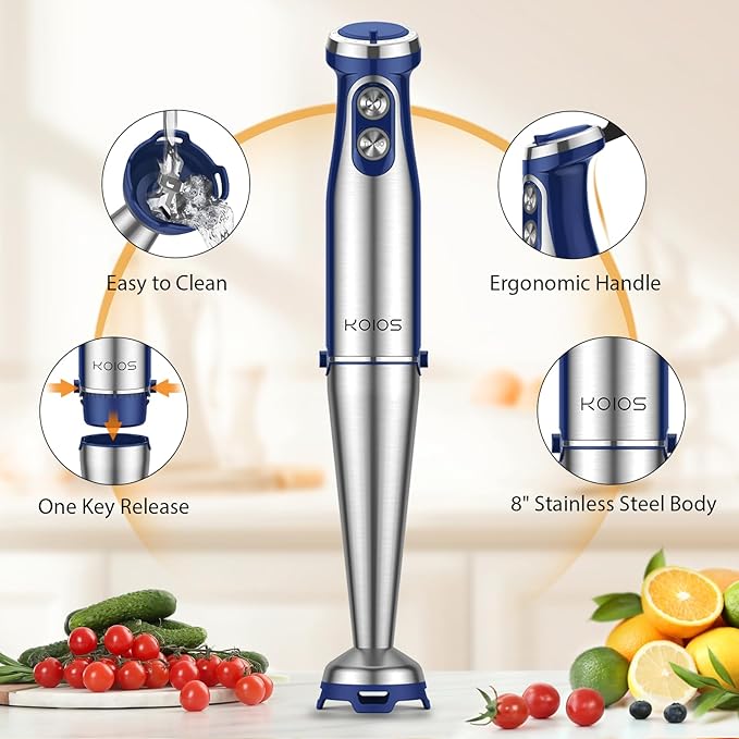 KOIOS Immersion Blender, 1000W Anti-scratch 3-in-1 Hand Blender, Upgraded 12 Speed Stainless Steel Blade Stick Blender with Turbo Mode, Whisk and Milk Frother, Non-BPA, Blue