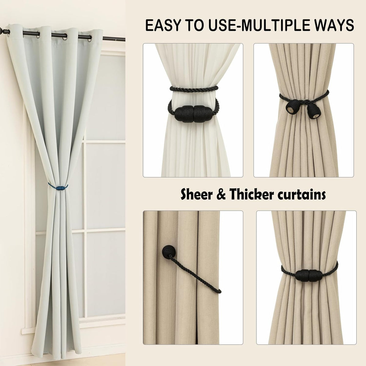 Magnetic Curtain Tiebacks Rope Curtain Tie Backs for Curtains 4 Pack Curtain Holders for Drapes Decorative Window Curtain Holdbacks, Black