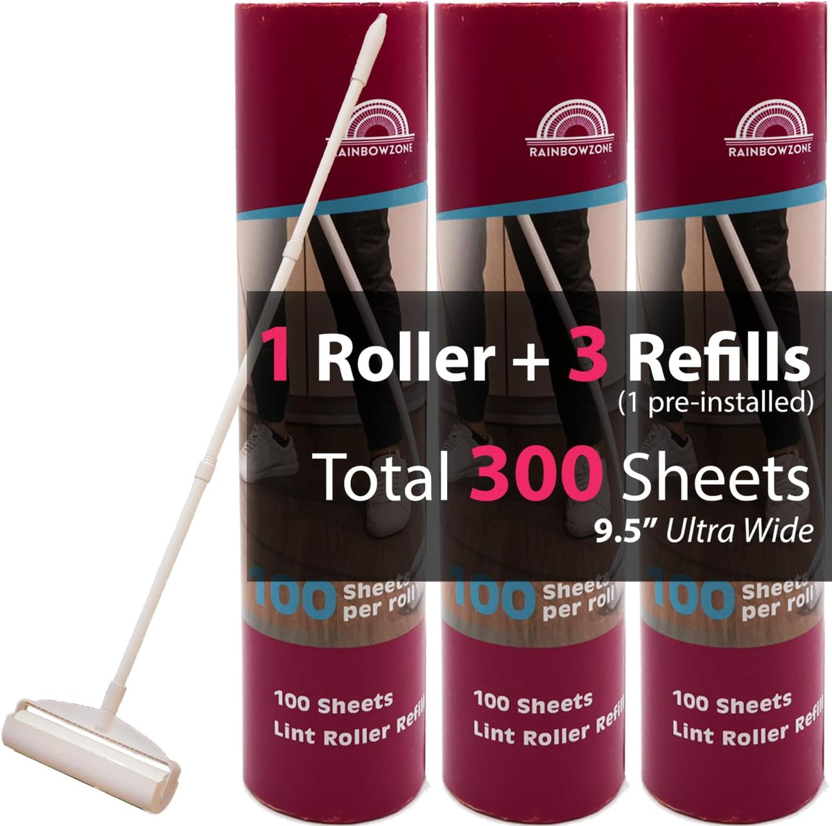 RainbowZone Large Lint Rollers plus 3 Rolls 9.5'' Extra Wide Total 300 sheets Giant Lint Roller Refills with 3 Extendable Long Handle for Pet Hair Removal and Household Cleaning (1 Roller + 3 Refills)