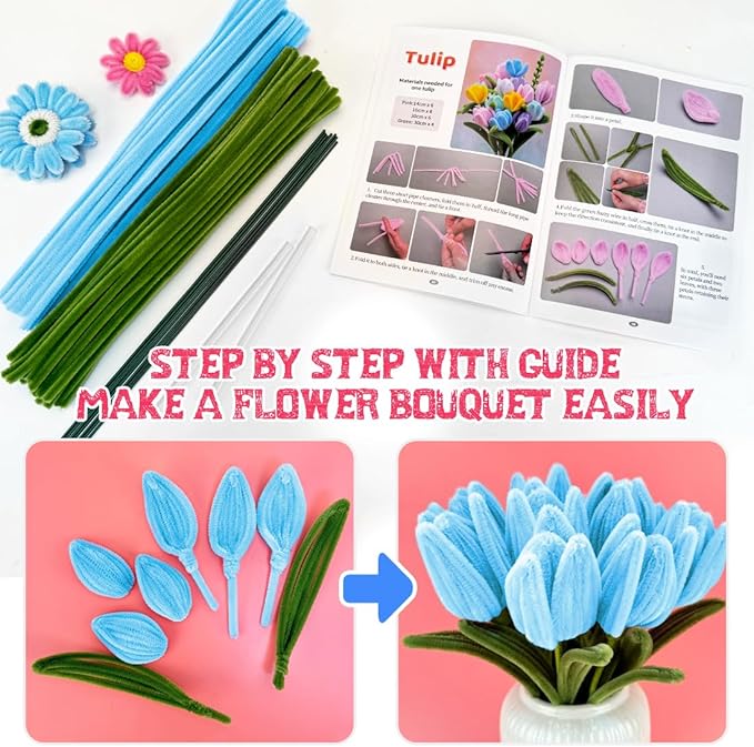IOOLEEM Pipe Cleaners, 480pcs Blue, Flower Making Kit, Arts and Craft Supplies, Ideas for Art Project Activity.