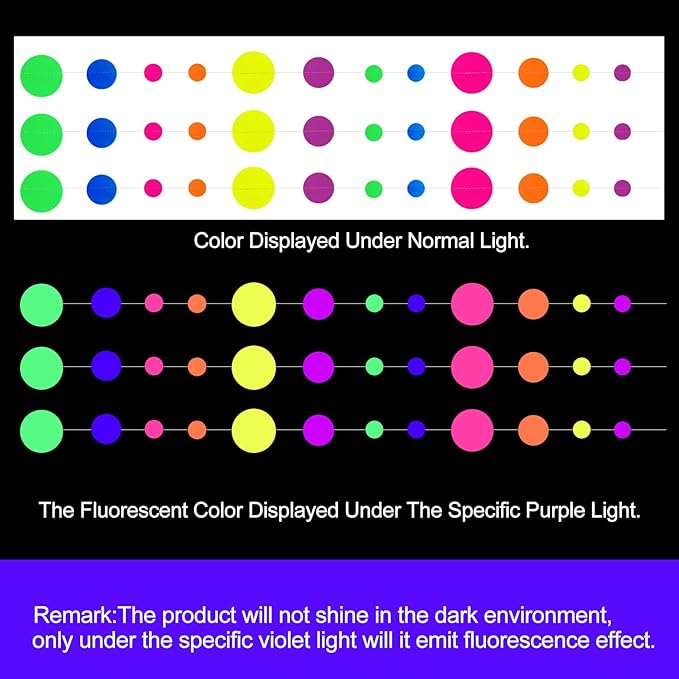 108ft UV Round Dot Neon Paper Streamers - Glow in The Dark Party Favors & Decorations for Wedding & Birthday Parties