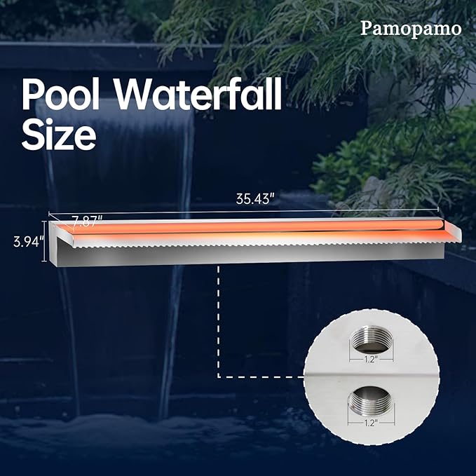 Pond Waterfall Spillway Stainless Steel Pool Fountain, APP Control LED Lighted Waterfalls Kit, Outdoor Water Flow Waterfalls Kit for Garden Patio Koi Pond Decoration-35.4"x7.8"x3.9"