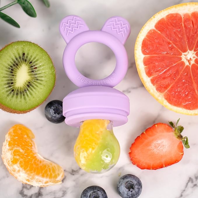 Bessentials Baby Fresh Fruit Food Feeder - 2 Pack Silicone Baby Mesh Feeders for Infant Safe Self Feeding |3 Sizes Food Pouches Included| Suitable for Baby 4m+（ Purple+Misty Green）