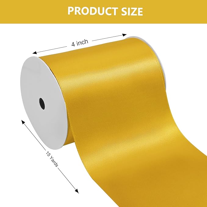 Yellow Gold Satin Ribbon 4 Inch X 15 Yards Solid Color Double Faced Ribbons Perfect for Crafts Wedding Decor Bow Making Arts Sewing and More
