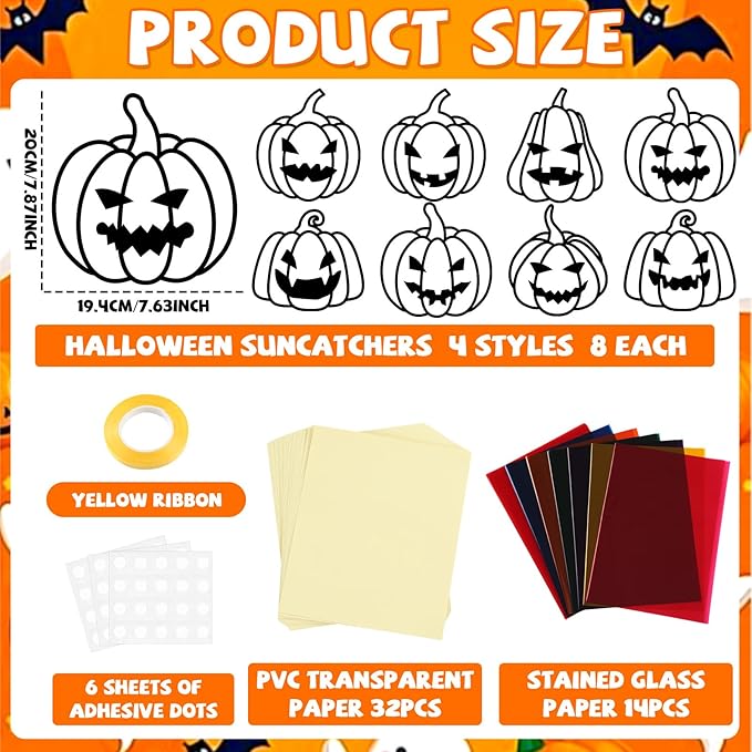 32 Sets Fall Halloween Pumpkin Suncatchers Craft Kit DIY Window Stained Glass Effect Halloween Pumpkin Paper Craft Home School Classroom Decoration Kid Birthday Gift Creative Art Project Activity Game