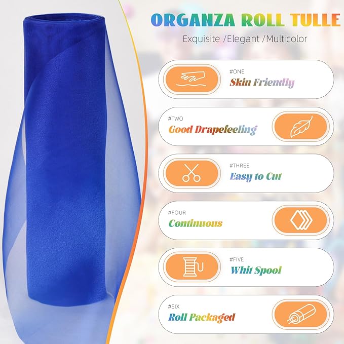 Crystal Organza Fabric Tulle 11 Inch by 50 Yards Sheer Tulle Rolls for DIY Craft Wedding Party Baby Shower Decor Gift Wrapping Party Supplies (Royal Blue)