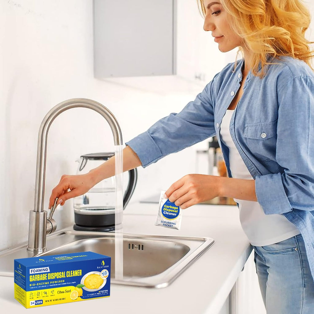 Garbage Disposal Cleaner and Deodorizer - 24-Count (1-Year Supply) Foaming Lemon Scented Kitchen Sink Freshener Pods & Drain Odor Eliminator Disposer Care by Bastion