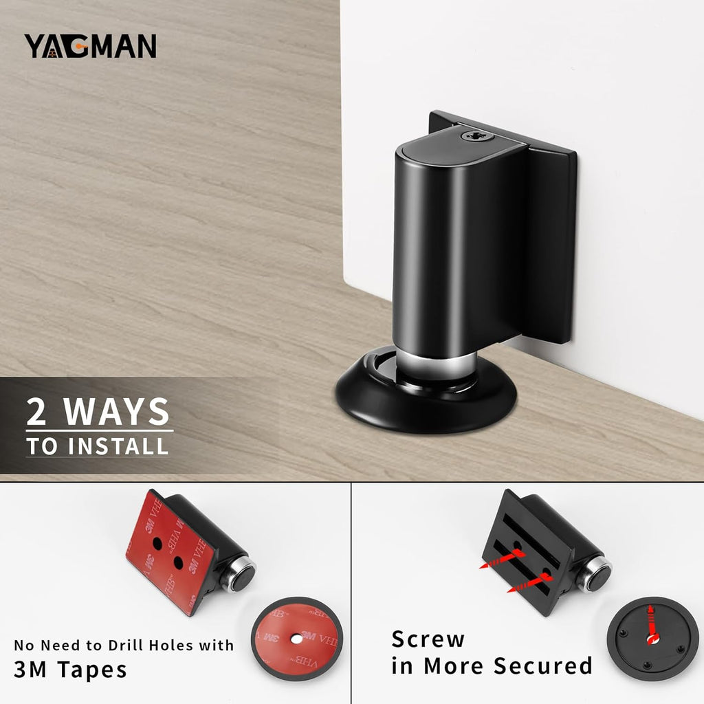 3 Pack Magnetic Door Stoppers Retractable Bottom of Door Holder No Drilling Mount Floor Door Stop with Screws and Adhesive Catch Door Keep Door Open Matte Black MB-3