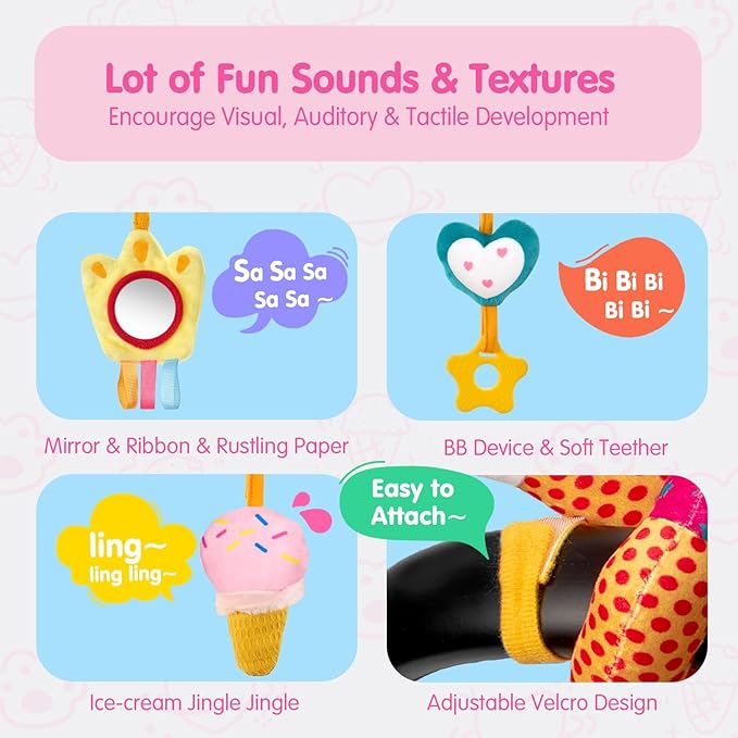 hahaland Car Seat Toys for Babies 0-6 Months Girl - Baby Toys 3-6 Months - Rattle, Mirror, Crinkle, Squeaky Carseat Stroller Toy 0-6 Months Developmental Newborn Baby Girl Birthday Gifts