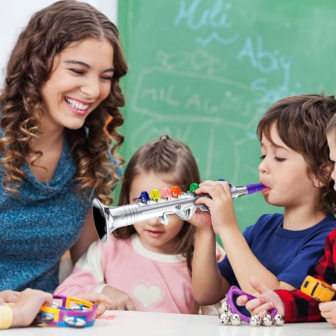 Amylove Set of 2 Musical Instruments for Kids Including Toy Saxophone and Kids Clarinet Plastic Toy Instruments Saxophone Clarinet with 8 Colored Keys Educational Home School Music Gift(Silver)