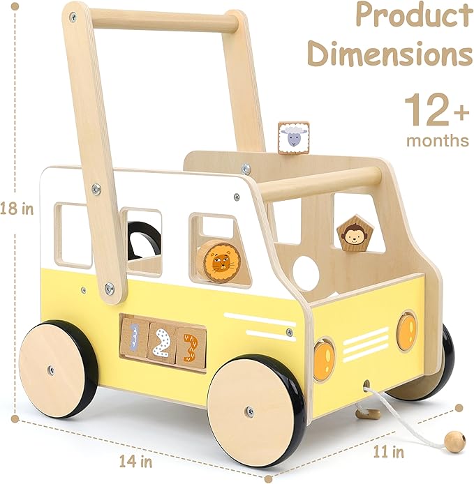 Wooden Baby Push Walker – Montessori Walker & Activity Push Toy with Steering Wheel + Rotating Headlights | Balance Trainer for Toddlers 1‑3 Years