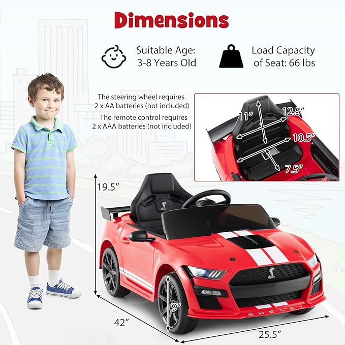 Costzon Ride on Car, 12V Licensed Ford Mustang Shelby GT500 Kids' Electric Vehicles w/Remote Control, USB Port, Radio, Music, Player, High Low Speed & Soft Start, Racing Kids Car for Toddlers (Red)