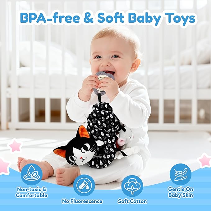 Car Seat Toys for Babies 0-6 Months,Hanging Rattle Toys for Crib Mobile, Baby Spiral Hanging Stroller Black and White High Contrast Toys for Newborn 0 3 6 9 12 Months Baby Boys Girls (Cat)