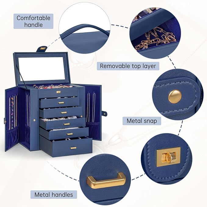 AKOZLIN Extra Large 6-Tier Jewelry Box Organizer Functional Huge, 5 Drawers Leather Jewelry Storage Case for Women Girls Ring Necklace Earring Bracelet Holder Organizer with Mirror Blue
