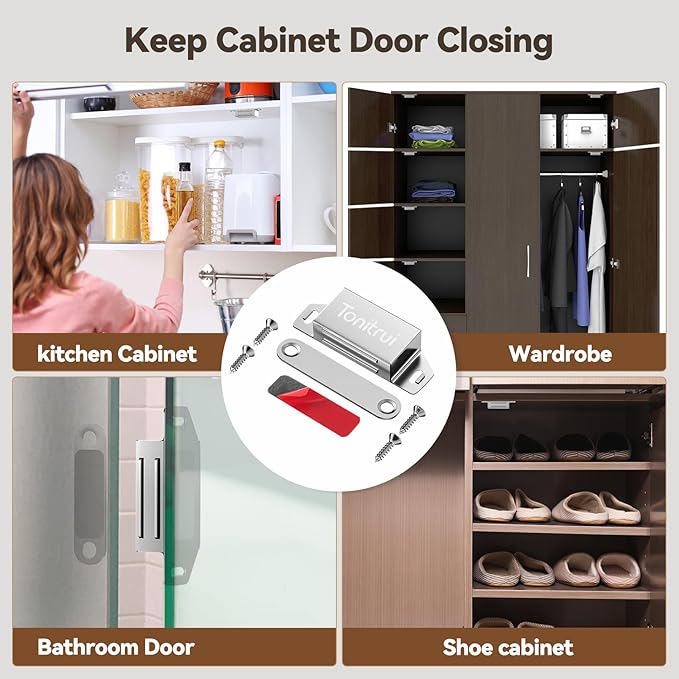 Cabinet Door Magnet, Flat Bottom Cabinet Magnetic Catch with Adhesive, Easy to Install,Only Takes 1 Minute,35lb Magnetic Cabinet Door Drawer Latch(Sliver, 8Pack)