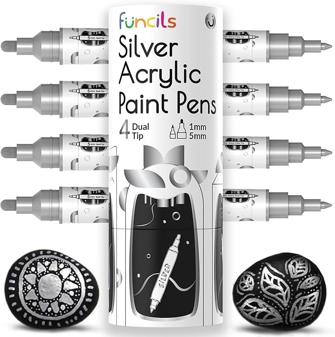 4 Acrylic Metallic Silver Paint Pen (Dual Tip) - Fine Tip & Medium, Acrylic Paint Markers - Silver Metallic Marker for Rock Painting, Canvas, Wood, Glass, Fabric, Metal and Plastic - Water-based Ink