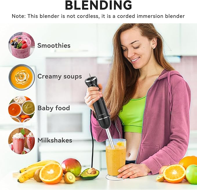 Immersion Blender Handheld Hand Blender, 1000W 5 in 1 Hand Mixer Stick, BPA-Free 12 Speed Handheld Blender 304 Stainless, Mixing Beaker, Chopper, Whisk, Milk Frother, Soup, Smoothies, Baby Food, Sauce