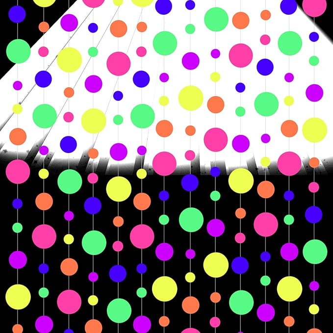 108ft UV Round Dot Neon Paper Streamers - Glow in The Dark Party Favors & Decorations for Wedding & Birthday Parties