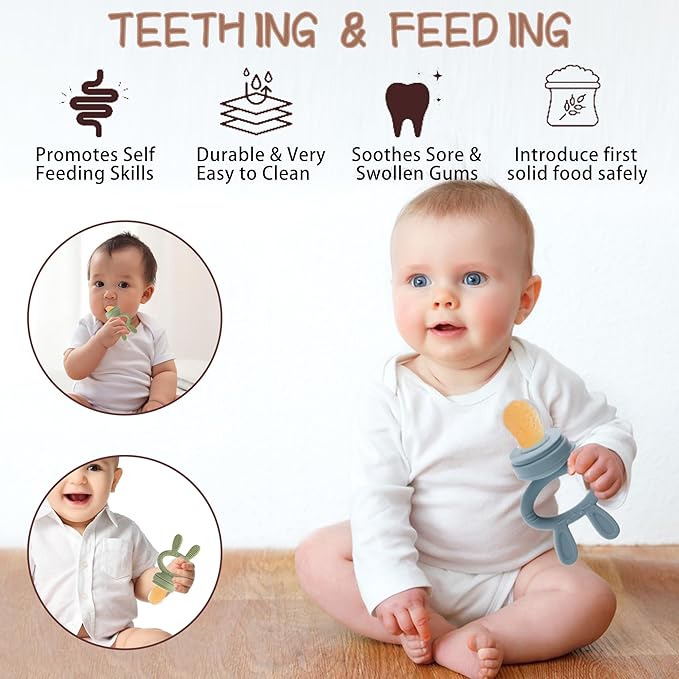 WAJIAYON Easter Bunny Baby Breastmilk Popsicle Molds & Baby Fruit Feeder,Infant Food Freezer Tray Storage Containers, Silicone Teething Pacifier Feeder and Teether for Babies,Moss and Fawn