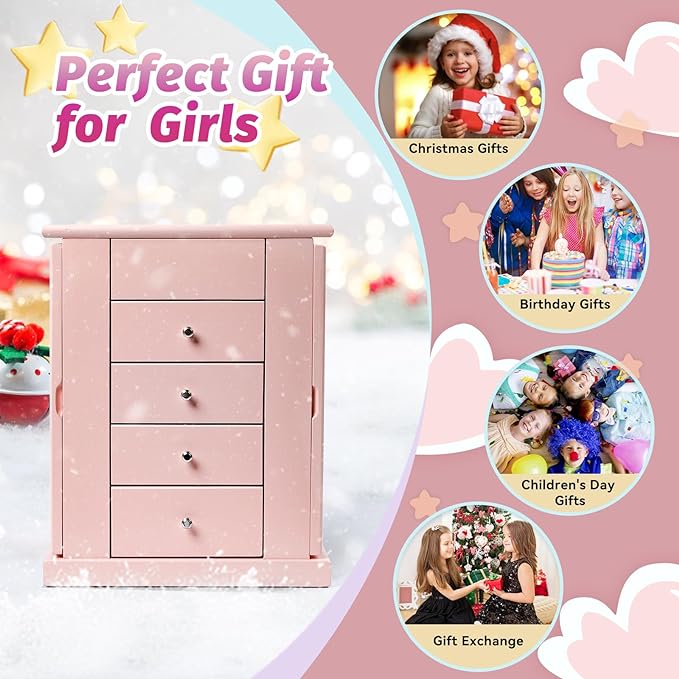 Jewelry Box for Girls, Musical Jewelry Box with Spinning Dancer Gifts for Little Girls Christmas New Year Birthday Children's Day, 5 Layer Large Wooden Kids Music Jewelry Organizer Box(Pink)